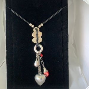 Silver and red coral pendant charms necklace